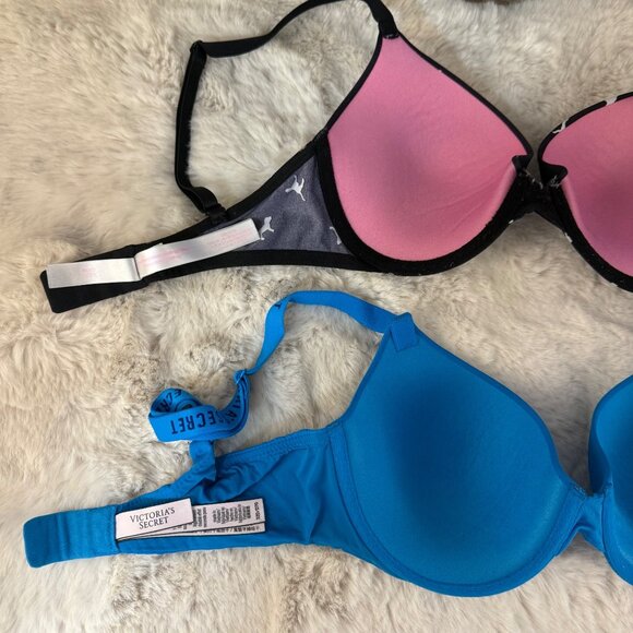 Set of 2 Victoria's Secret; Black Dog Print & Blue Push-Up Bras Sz 32D - Picture 2 of 6
